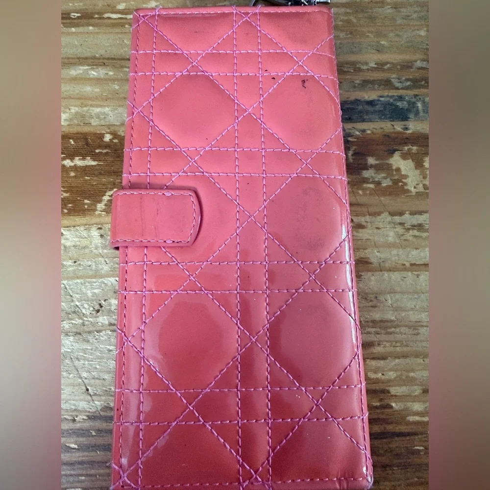 Dior Pink Patent Quilted Long Wallet with Silver 'D' Charm